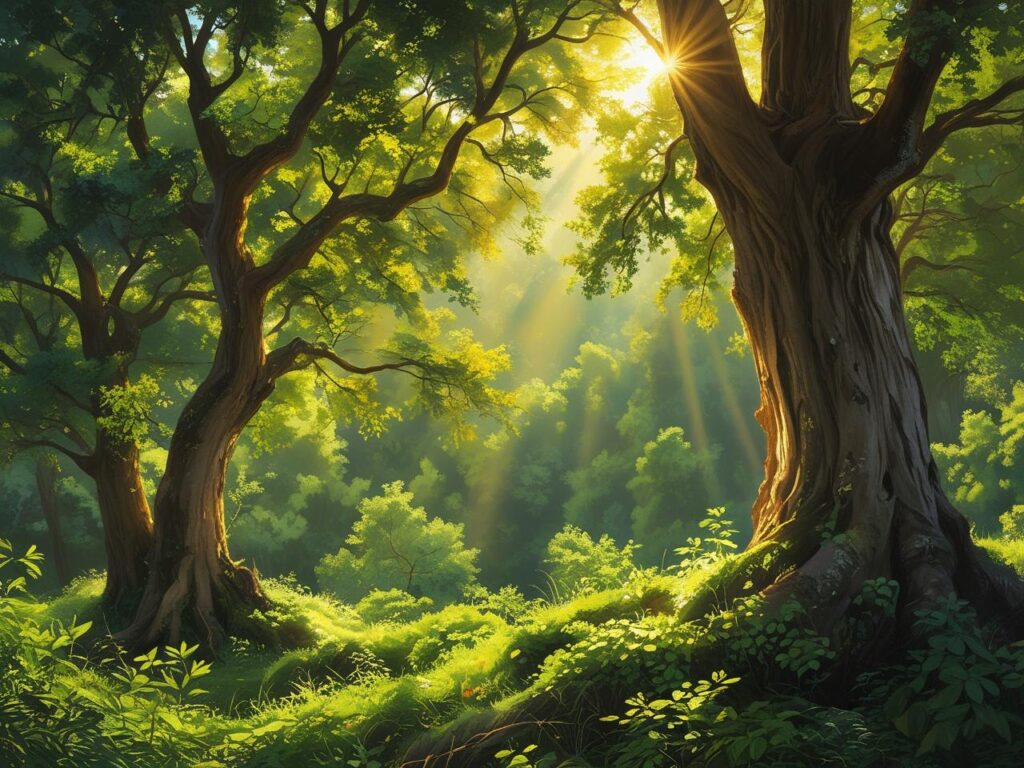 朝日が差し込む森の中で木々が輝いている光景。自然の癒しと安心感を感じるイメージ。