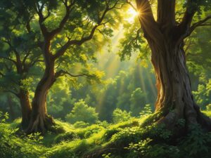 朝日が差し込む森の中で木々が輝いている光景。自然の癒しと安心感を感じるイメージ。