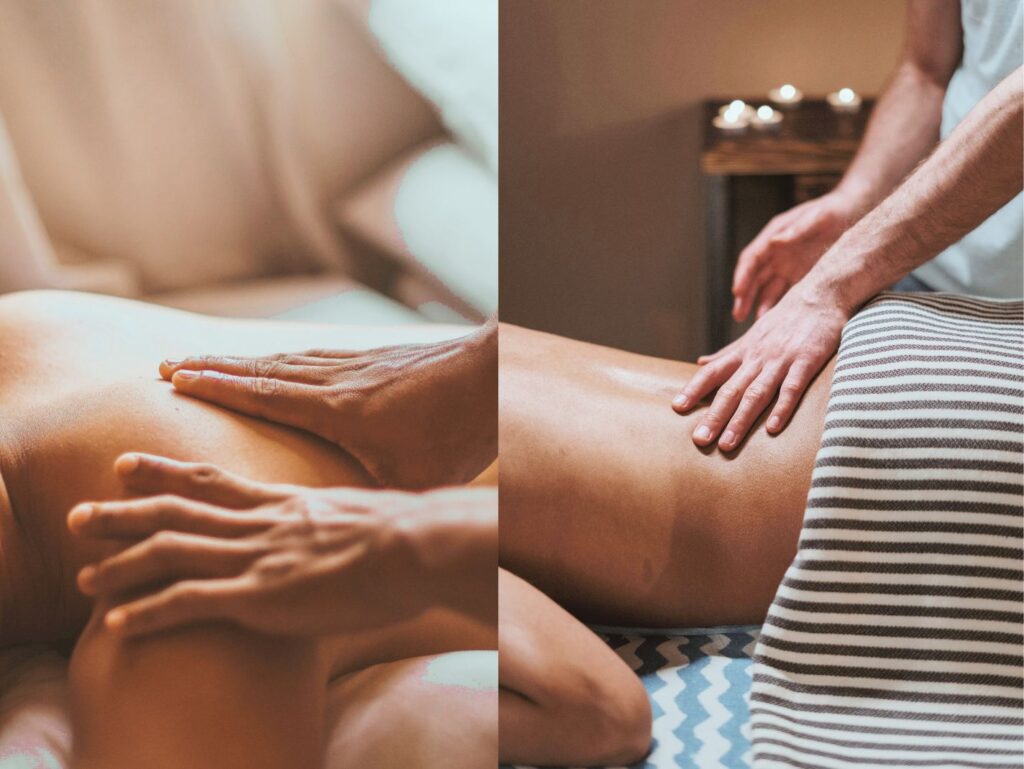 男性セラピストが女性の背中に優しく触れ、手の温もりだけで全身をゆるめている様子。オイルを使わない“撫でるドライリンパマッサージ”による深い癒しの施術シーン。