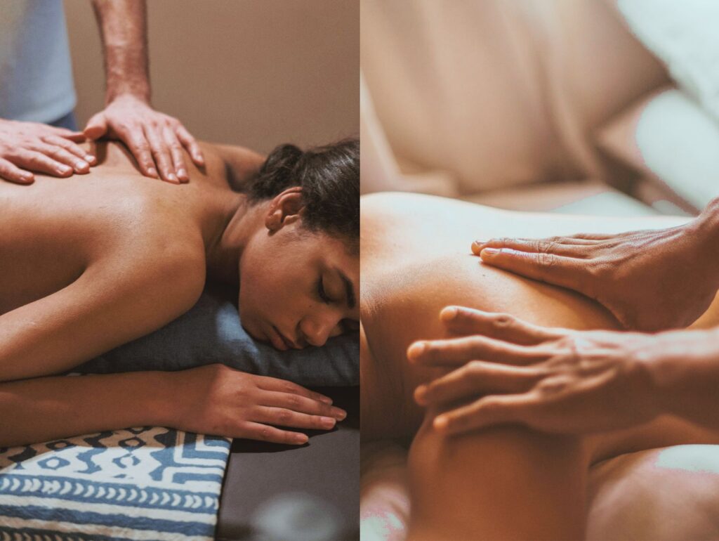 男性セラピストが女性の背中を優しく撫でるようにマッサージしている様子。手のぬくもりとリラックスした雰囲気が伝わるリンパドレナージュ。