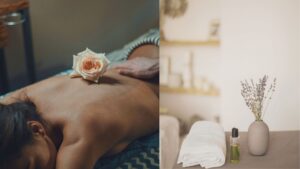 女性性を開花させるマッサージの施術風景。背中をやさしく撫でる手と花のイメージが、心と身体がゆるむ継続ケアの大切さを表している。