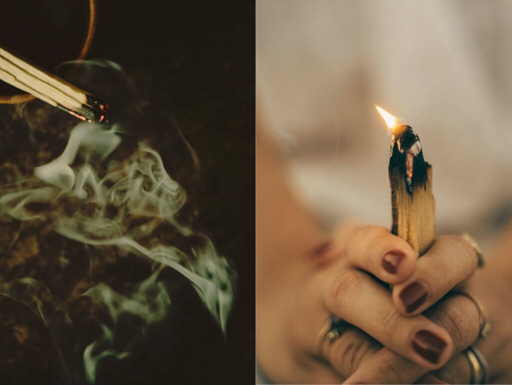 パロサントの煙がゆるやかに立ちのぼる様子と、手の中で聖なる木を灯す瞬間。自然の香木が放つ浄化の煙が、空間と心をやさしく整えていく
