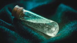深い青緑の布の上に横たわる、淡く光る小瓶。人が無意識に求めてしまう「魔法の薬」を象徴する静かなビジュアル。